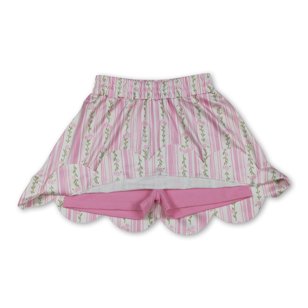Pink floral elastic waist scallop kids girls skirts