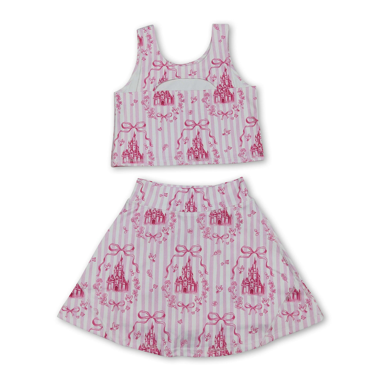 Pink stripe castle crop top bow skirt girls summer active set