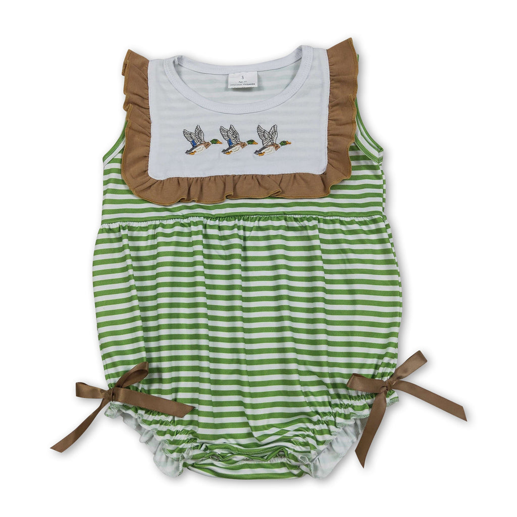 Sleeveless duck embroidery stripe baby girls romper