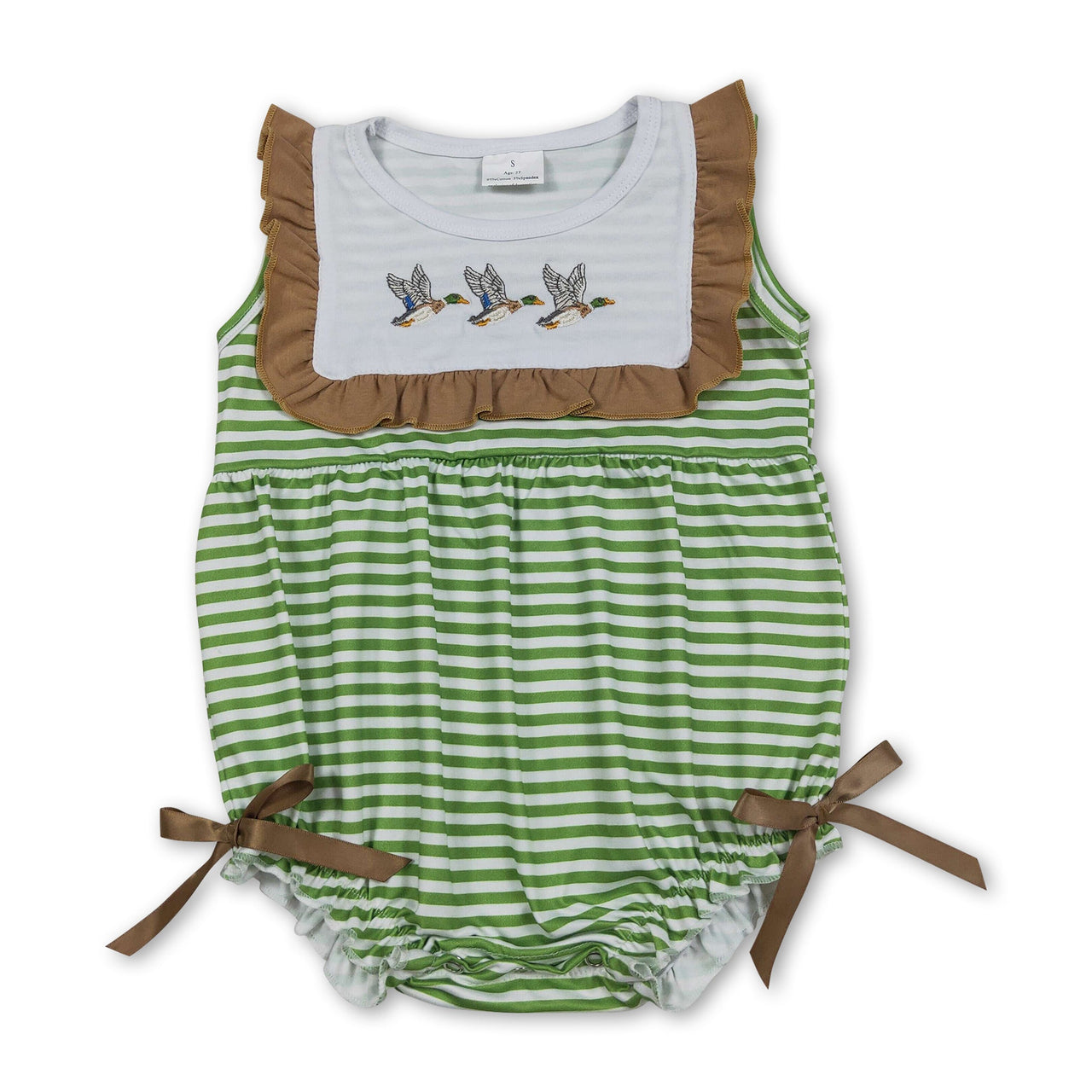 Sleeveless duck embroidery stripe baby girls romper