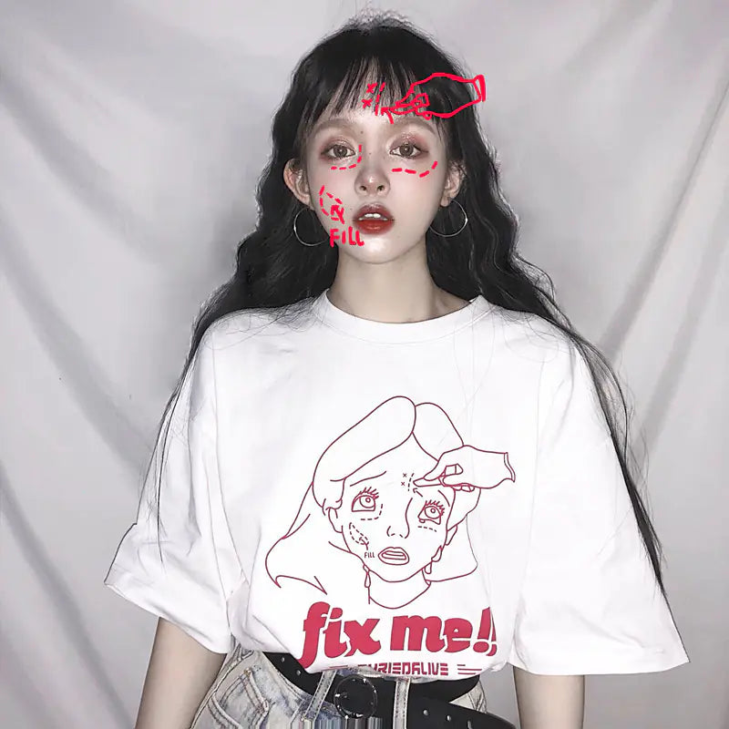 Loose Cartoon Girl Short Sleeve T-Shirt for Summer - # GIAA23510027