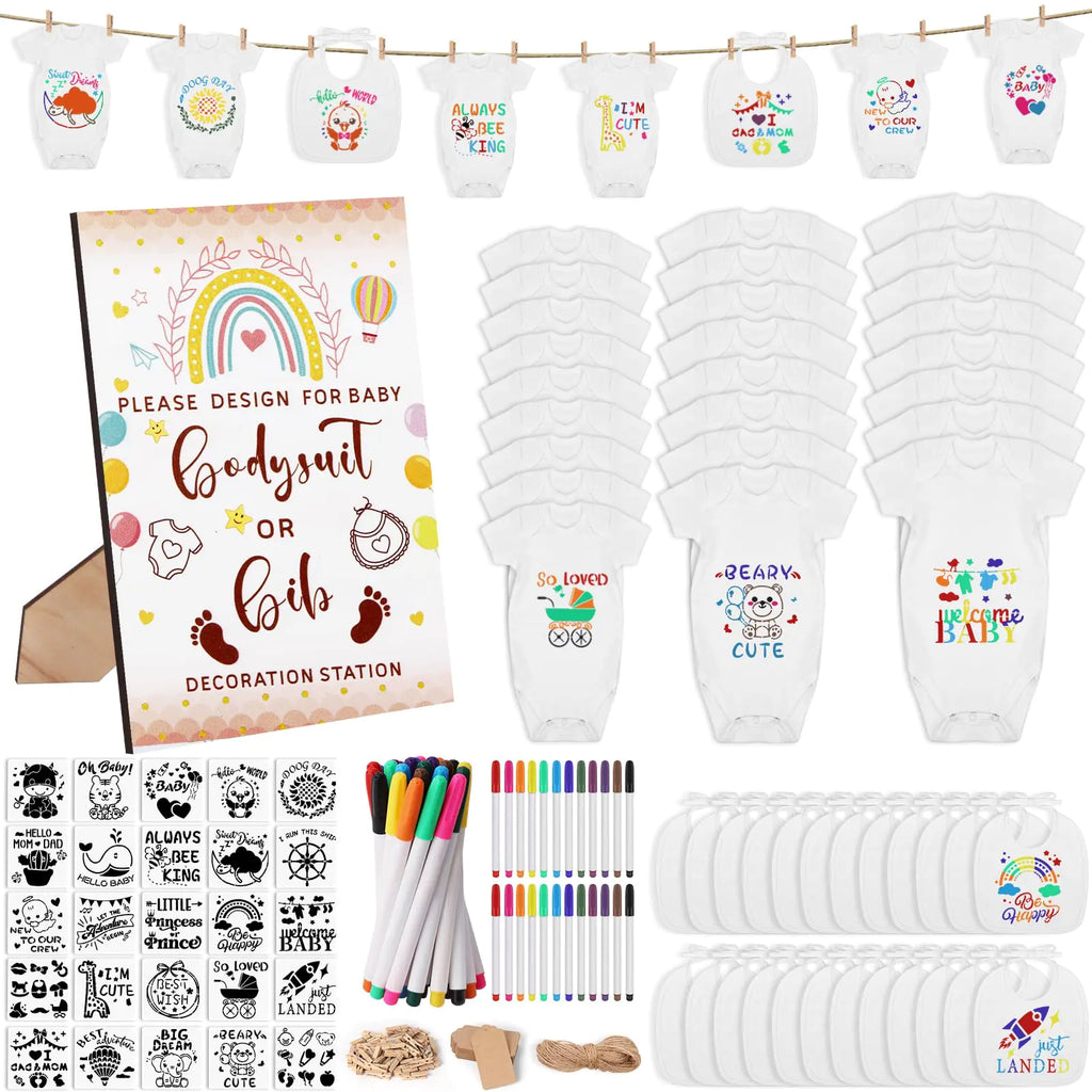 Pydeeirom 201 Pcs Baby Shower Set | Baby Shower Game Sign | Baby Bib & Bodysuit | White Baby Bib | Newborn Bodysuit | Baby Shower | White Onesie Decorating Kit (Rainbow) - # BAAA21110033