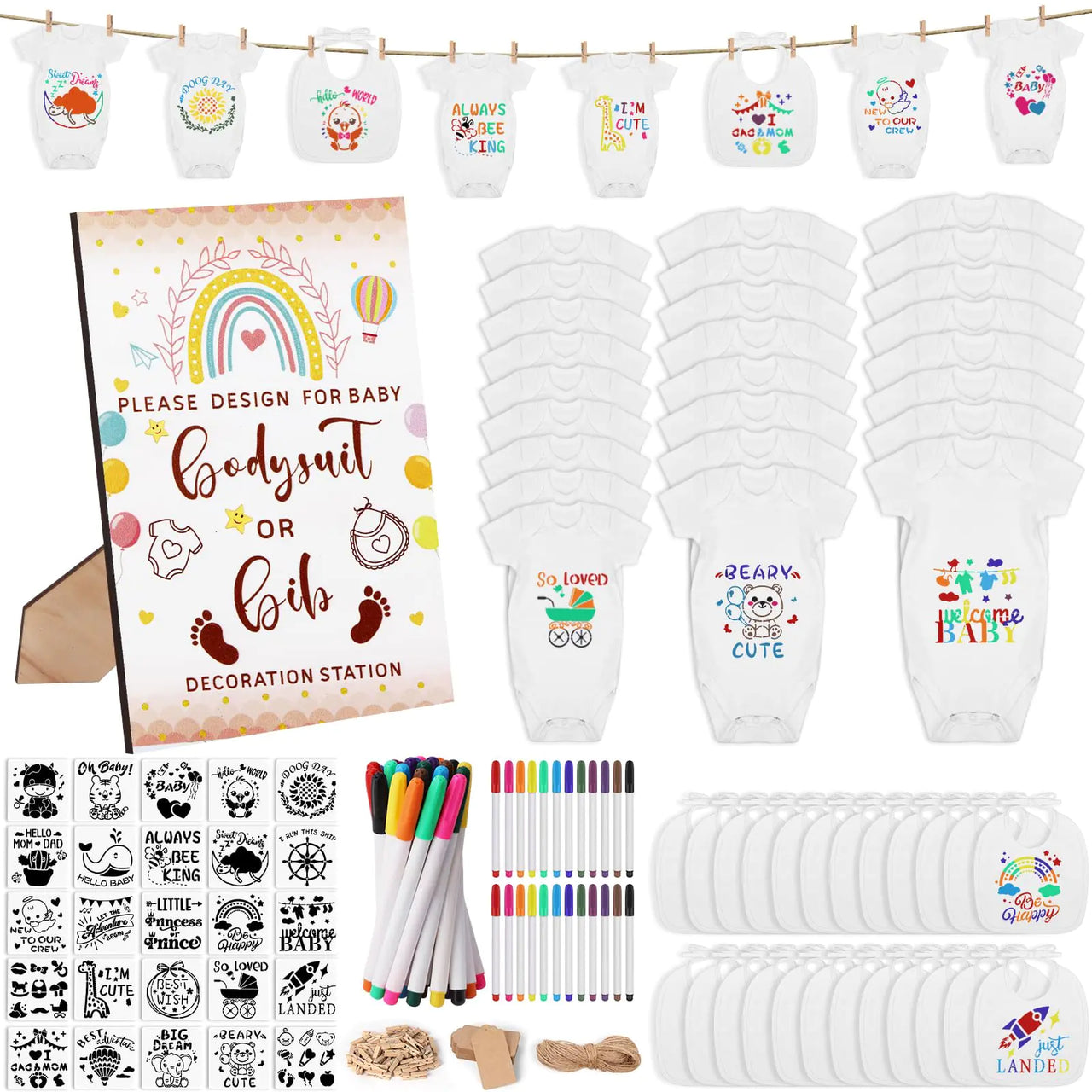 Pydeeirom 201 Pcs Baby Shower Set | Baby Shower Game Sign | Baby Bib & Bodysuit | White Baby Bib | Newborn Bodysuit | Baby Shower | White Onesie Decorating Kit (Rainbow) - # BAAA21110033